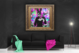 Women in Latex with Latex Bunny Mask and Gag in Hand on Graffiti Background in Frame behind Couch next to Lamp