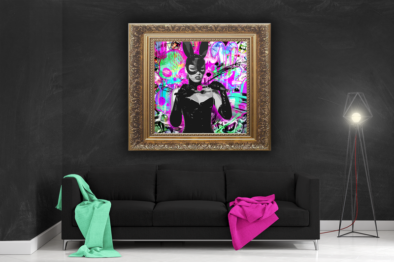 Women in Latex with Latex Bunny Mask and Gag in Hand on Graffiti Background in Frame behind Couch next to Lamp