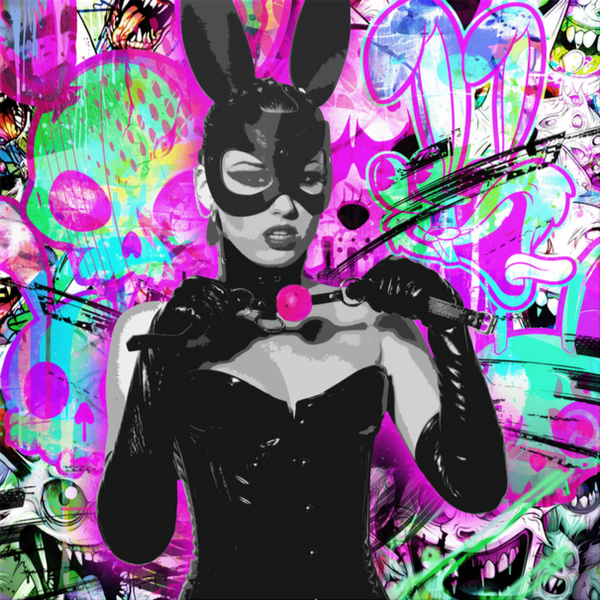 Women in Latex with Latex Bunny Mask and Gag in Hand on Graffiti Background
