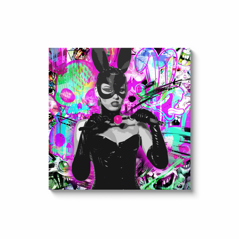 Street Art Style Canvas of Women in Latex with Latex Bunny Mask and Gag in Hand on Graffiti Background